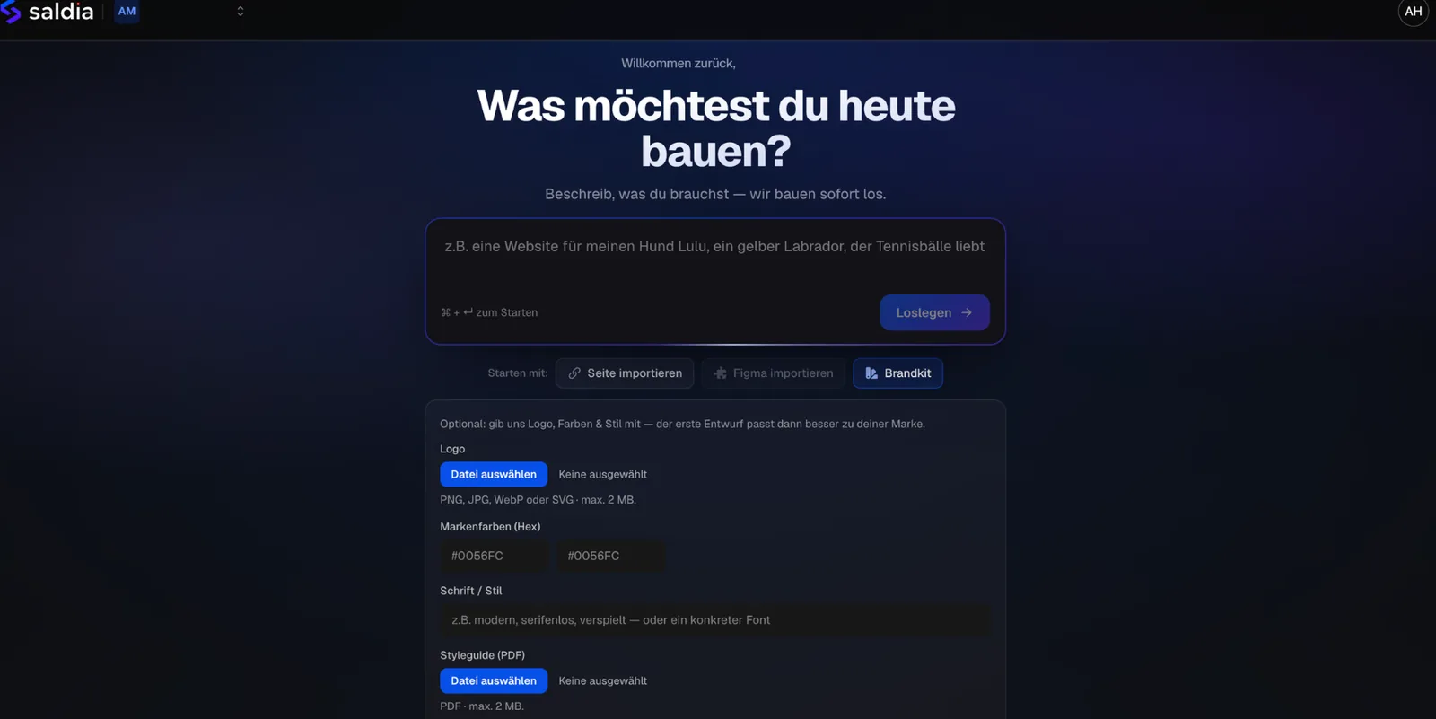 saldiaBuild Dashboard — beschreibe, was du bauen möchtest