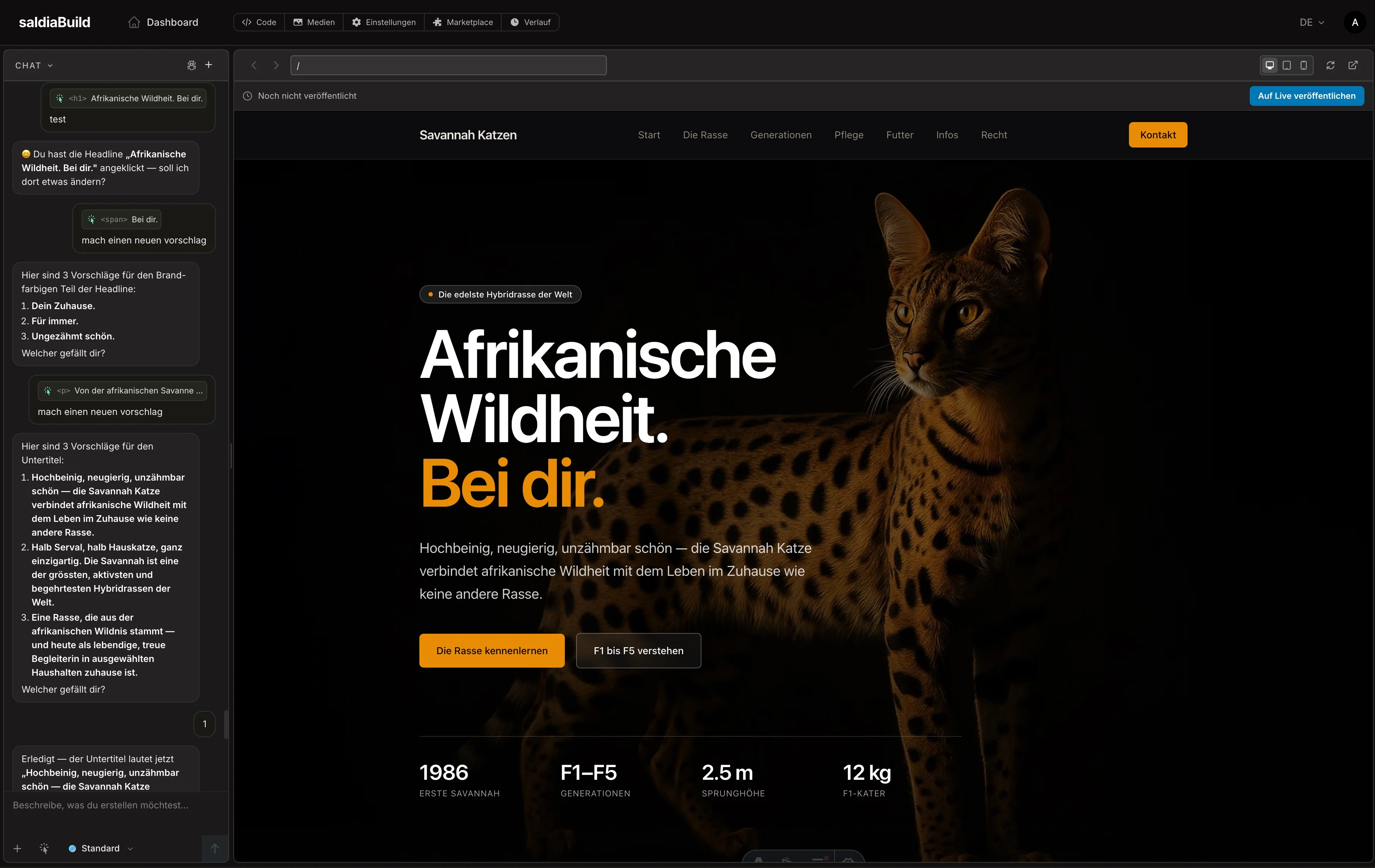saldiaBuild Editor mit Chat-Panel und Live-Vorschau