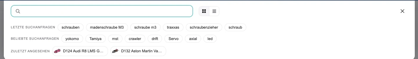 Noch leeres Suchfenster mit den Reihen letzte Suchanfragen, beliebte Suchanfragen und zuletzt angesehen