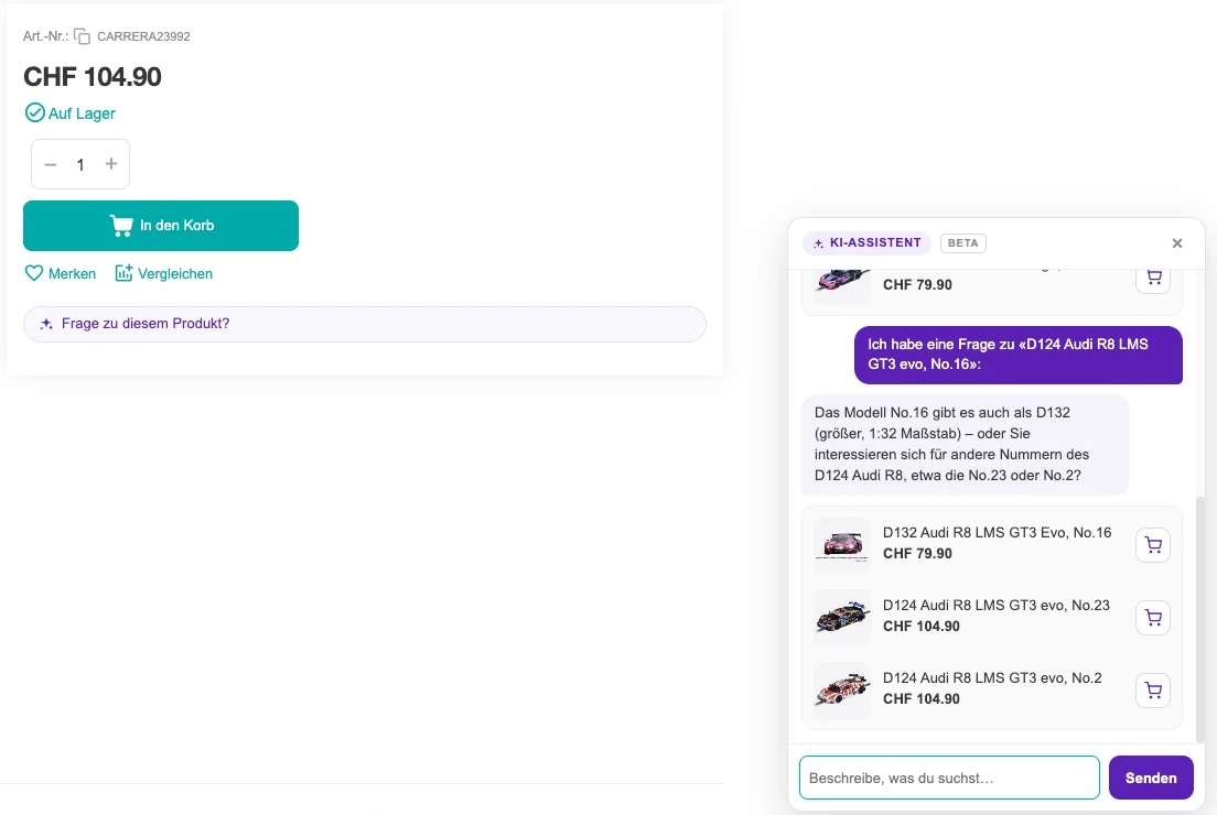 Produktseite mit der Zeile «Frage zu diesem Produkt?» und dem geöffneten Chat samt Produktkarten